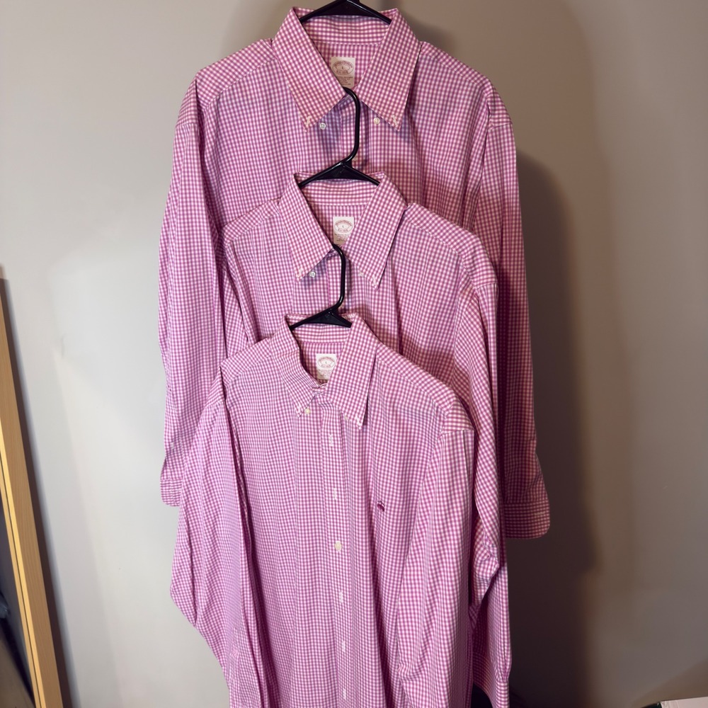 Brooks Brothers Non-Iron Gingham Shirt Mens L Fuchsia White Traditional Fit Polo - Picture 4 of 10